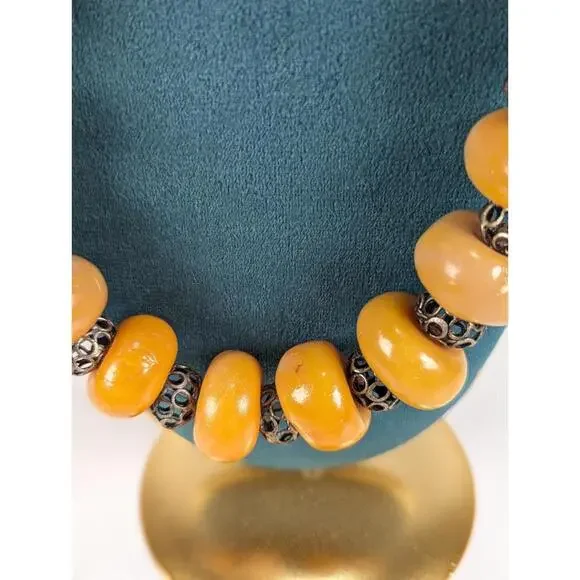 Vtg Yellow Resin & Metal Chunky Bead Necklace Big Bold Fashion Statement 1970's - Picture 3 of 8